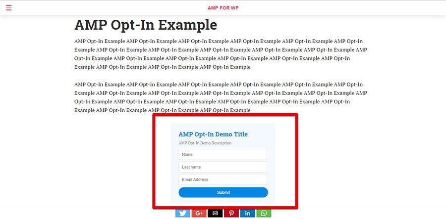 Ejemplo de formulario de suscripción del plugin AMP Optin