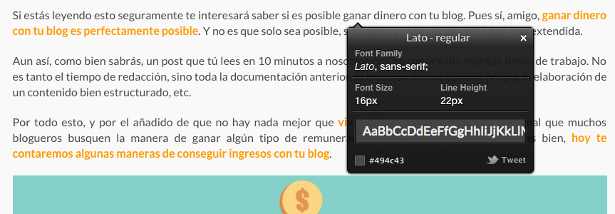 Cómo escribir el post perfecto. Usar What Font. Extensión de Chrome para saber el tamaño y familia de la tipografía de una web.