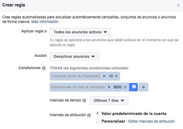 ejemplo reglas automatizadas de Facebook Ads conversiones