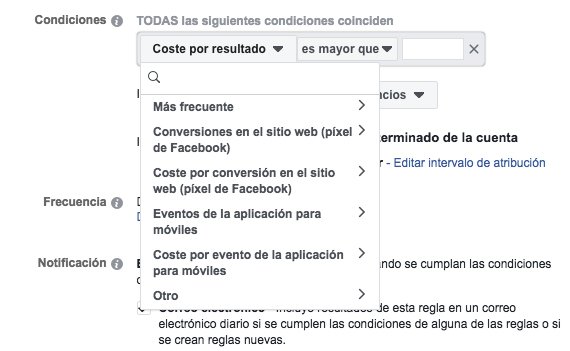 reglas automatizadas de Facebook Ads condiciones