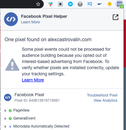 extension para comprobar Pixel de Facebook