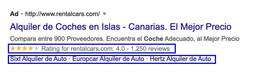ejemplo extensiones google ads alquiler coche canarias