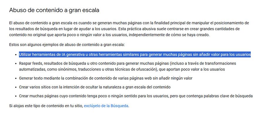 Directrices de spam de Google para el contenido con IA