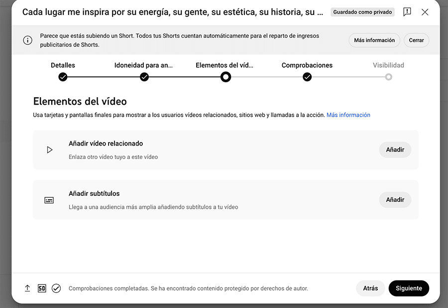 pasos para crear un short de youtube apartado elementos de video
